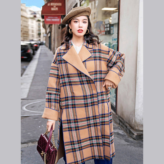 Damen Khaki Plaid Mäntel Plus Size Kerb Wintermantel feine seitlich offene Taschen Wolljacken