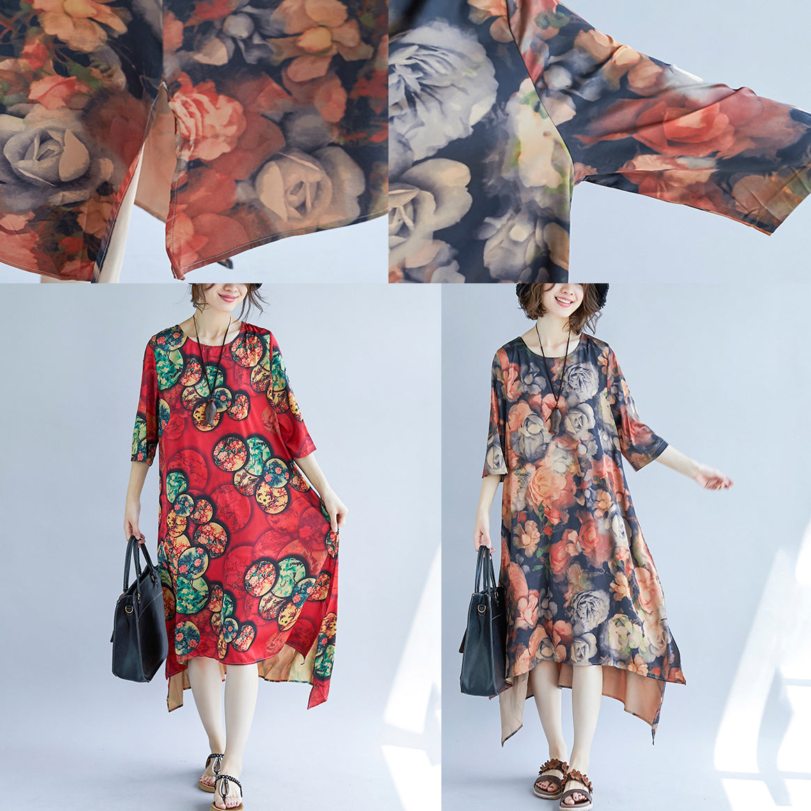 Khakifarbenes Maxikleid aus Baumwollmischung für Damen, trendiger Übergrößendruck, lange Kleider mit halben Ärmeln, neue O-Ausschnitt-Kleidung aus Baumwollmischung