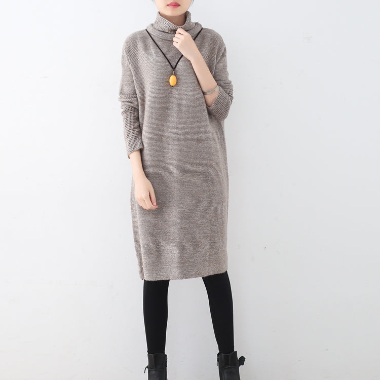 Khakifarbenes Pulloverkleid für Damen, Herbstmode, hoher Halsausschnitt, Herbstkleider im Vintage-Stil, ausgehöhlte Herbstkleider