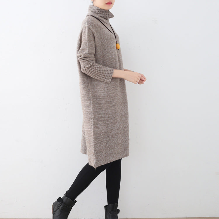 Khakifarbenes Pulloverkleid für Damen, Herbstmode, hoher Halsausschnitt, Herbstkleider im Vintage-Stil, ausgehöhlte Herbstkleider