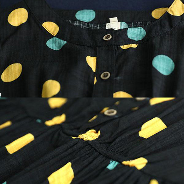 Damen Leinen Etuikleid oversized Locker Kurzarm Punkte Bedruckt Weiß Plissee Kleid