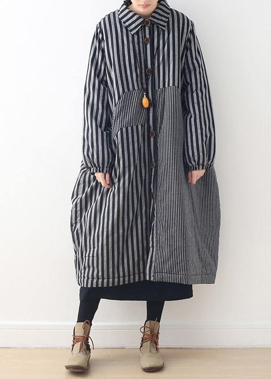 women oversize winter jacket POLO collar outwear gray striped patchwork thick women parka - SooLinen
