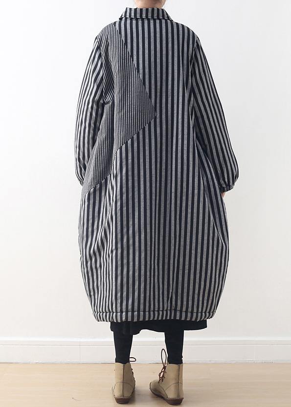 women oversize winter jacket POLO collar outwear gray striped patchwork thick women parka - SooLinen