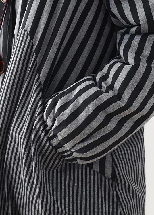 women oversize winter jacket POLO collar outwear gray striped patchwork thick women parka - SooLinen
