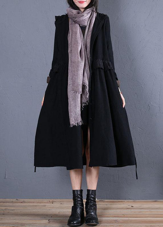 women oversized trench coat fall black hooded ruffles overcoat - SooLinen