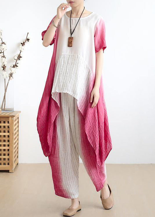 women pink o neck asymmetric tops +elastic waist wide leg pants - SooLinen