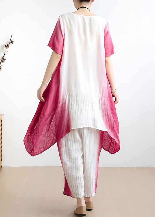 women pink o neck asymmetric tops +elastic waist wide leg pants - SooLinen