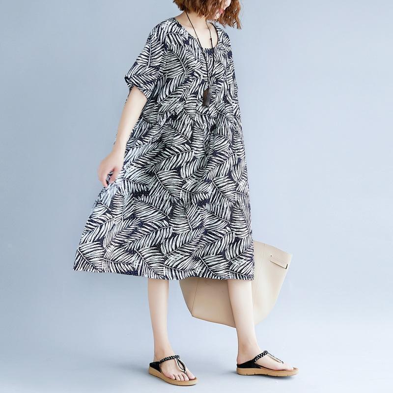 Frauen drucken Baumwolle Leinen Kleider plus Größe Kleidung Kurzarm Baggy Kleider neue O Hals Reisekleid