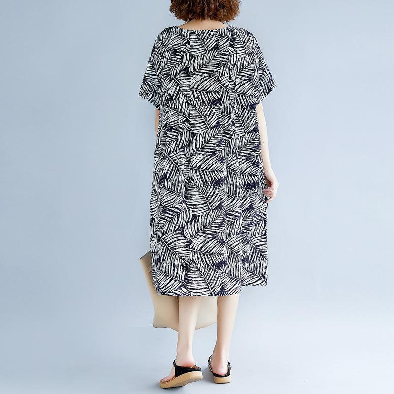 Frauen drucken Baumwolle Leinen Kleider plus Größe Kleidung Kurzarm Baggy Kleider neue O Hals Reisekleid
