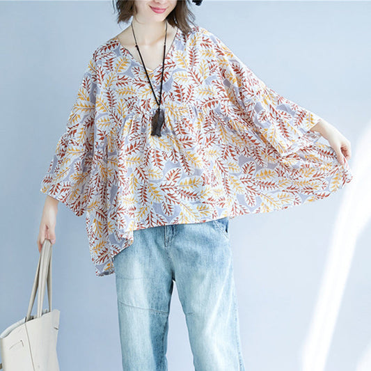 Damen bedruckter Baumwoll-Leinen-Pullover, trendige Plus-Size-Reisebluse, Vintage-O-Ausschnitt, extra großer Saum, Baumwollkleidung