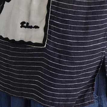 Damen-Oberteile aus reinem Leinen, übergroß, lässig, gestreift, kurzärmlig, Stickerei, High-Low-Saum