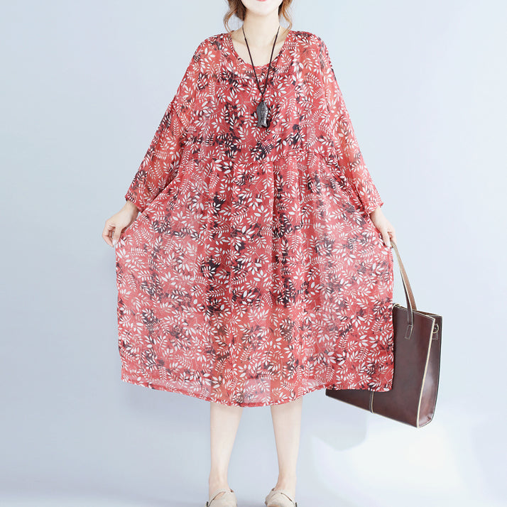 Rotes Chiffonkleid mit Blumenmuster für Frauen in Übergröße, Kleider, langärmliges Zweiteiler-Kleid aus Baumwolle, ärmelloses Kleid