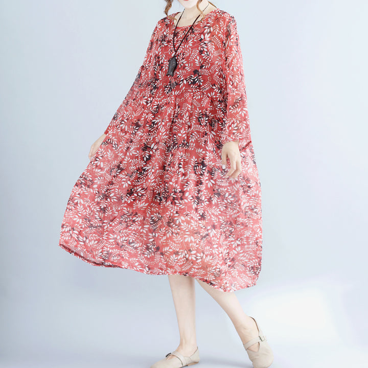 Rotes Chiffonkleid mit Blumenmuster für Frauen in Übergröße, Kleider, langärmliges Zweiteiler-Kleid aus Baumwolle, ärmelloses Kleid