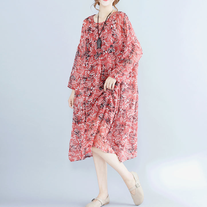 Rotes Chiffonkleid mit Blumenmuster für Frauen in Übergröße, Kleider, langärmliges Zweiteiler-Kleid aus Baumwolle, ärmelloses Kleid