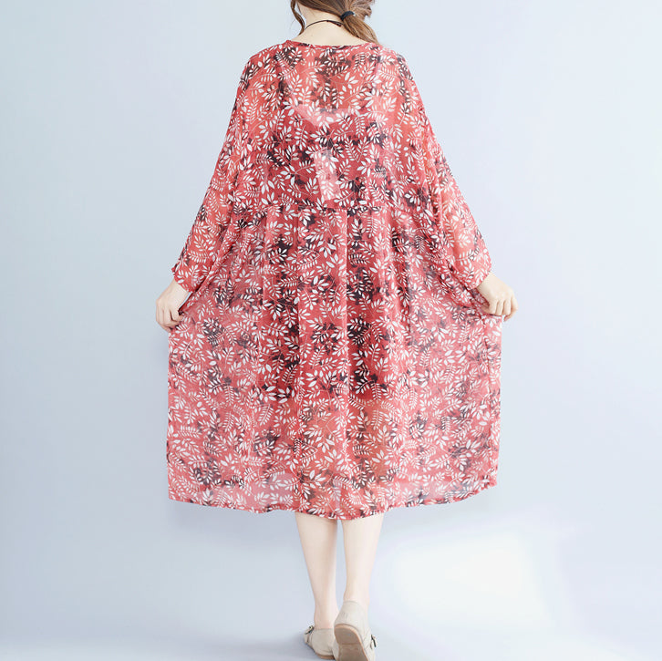 Rotes Chiffonkleid mit Blumenmuster für Frauen in Übergröße, Kleider, langärmliges Zweiteiler-Kleid aus Baumwolle, ärmelloses Kleid