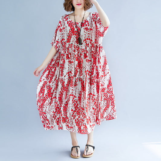 Rotes Maxikleid aus Leinen für Damen, Oversize, Kurzarm, bedruckt, lange Baumwollkleider, feiner Rundhalsausschnitt, Reisekleidung