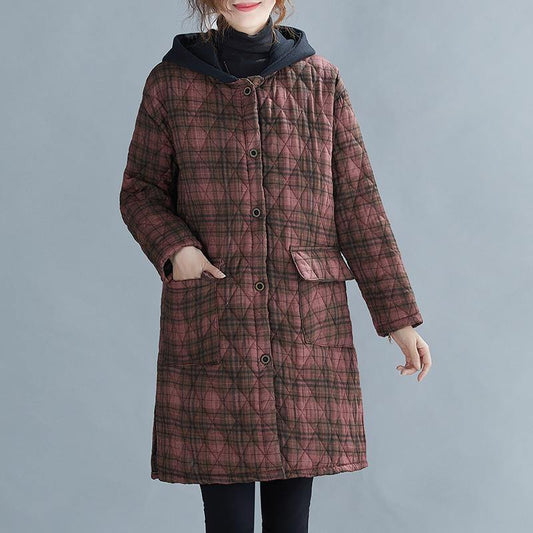 women red plaid coat plus size Coats hooded pockets overcoat - SooLinen