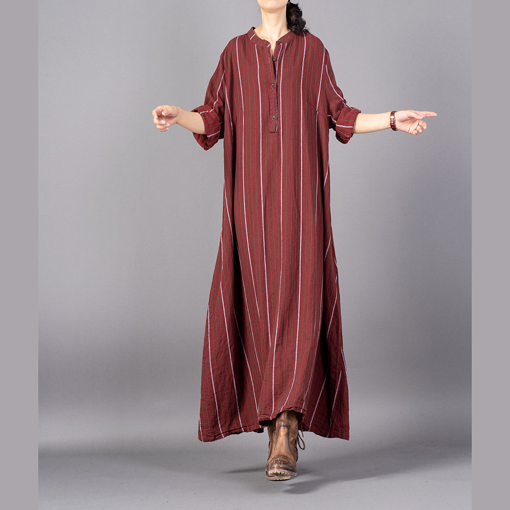 Damen rot gestreift trendiges Plus Size Stehkragenkleid Vintage Baggy Pockets Maxikleider