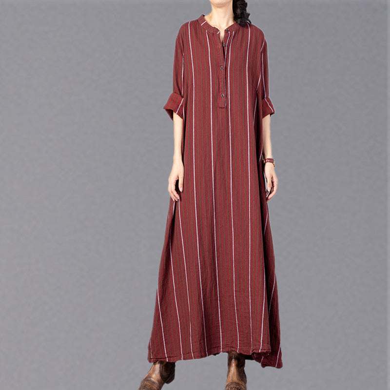 Damen rot gestreift trendiges Plus Size Stehkragenkleid Vintage Baggy Pockets Maxikleider