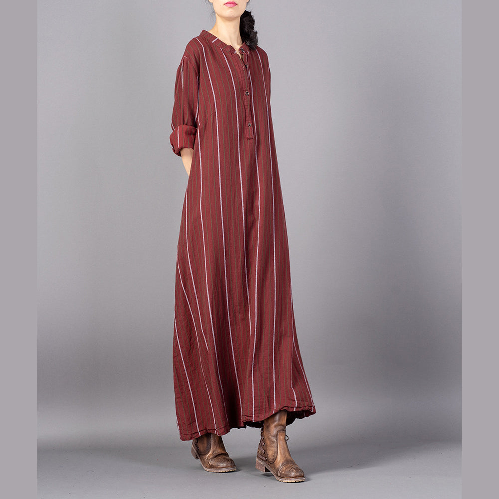 Damen rot gestreift trendiges Plus Size Stehkragenkleid Vintage Baggy Pockets Maxikleider