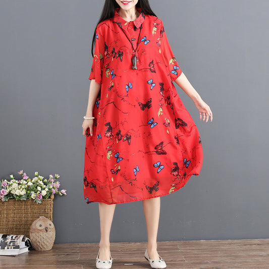 Rotes Sommerkleid für Frauen mit Umlegekragen, halbe Ärmel, Cocktailkleid mit Print, Baggy-Kleid, Chiffon-Sommerkleid