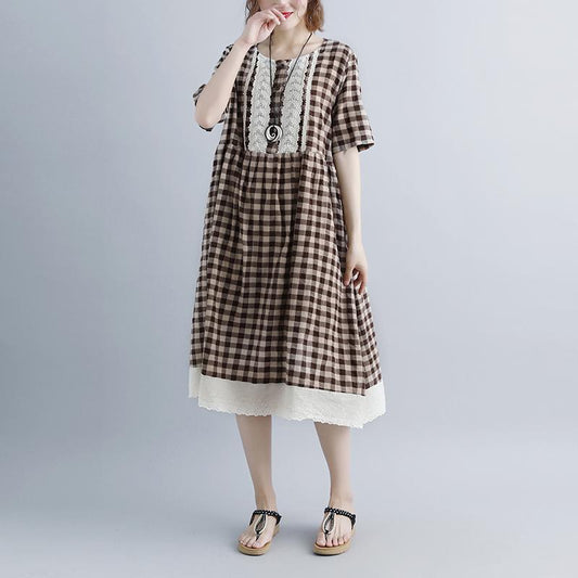 Damen Sommerkleider lässig Schnürung Kurzarm Plaid Taschen Retro Casual Dress