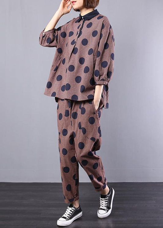 women vintage two pieces red dotted loose tops with casual wild pants - SooLinen