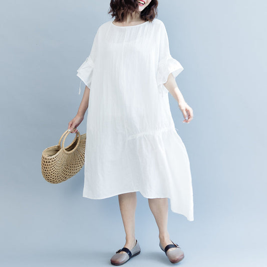 Weißes langes Baumwoll-Leinen-Kleid für Damen in Übergröße mit Rundhalsausschnitt und Kordelzug, Kaftane mit feinen Blütenblattärmeln, Baggy-Kleider