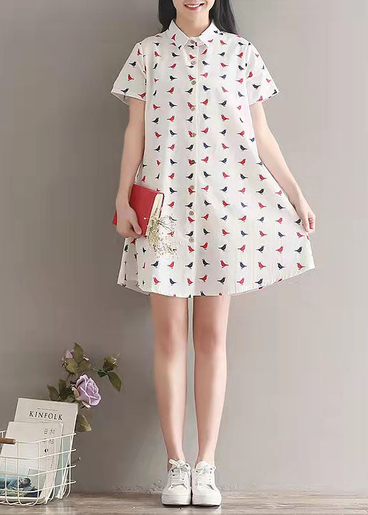 Damen Leinenkleid mit Print, lässiges Leinenkleid mit Reverskragen, feines Hemdkleid