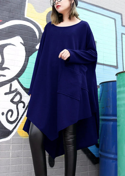 Feines schwarzes Baumwoll-Seidenkleid in Übergröße, asymmetrischer Saum, Reisekleid, Boutique-Kleid mit Rundhalsausschnitt