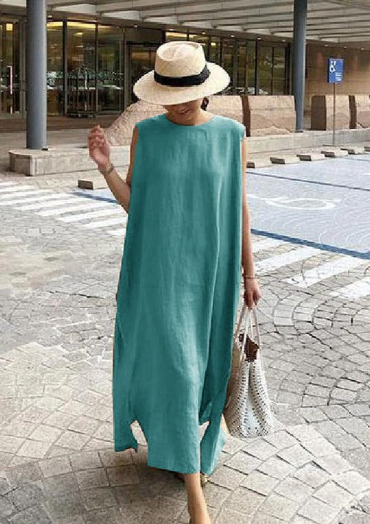 Bohemian O Neck Seite Offen Leinen Baumwolle Kleidung Stoffe Blau Kleid