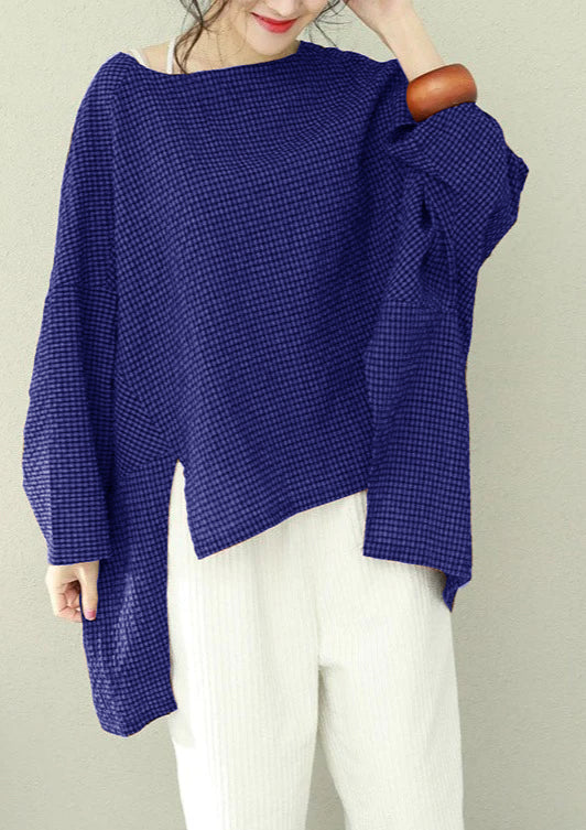 Bohemian asymmetrische Baumwolle Damen Fine Work blau kariert übergroße Tops