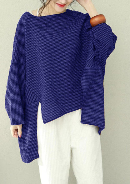 Bohemian asymmetrische Baumwolle Damen Fine Work blau kariert übergroße Tops
