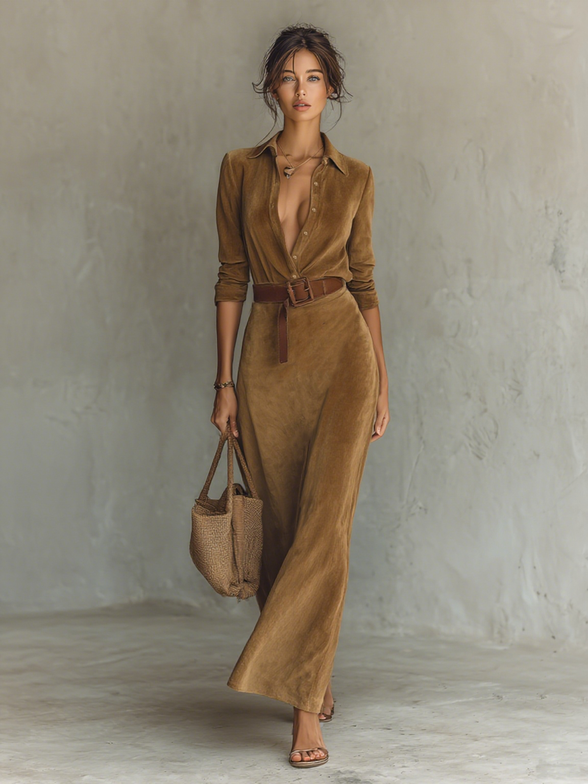 Women's Suede Single-breasted Lapel Belt Maxi Dress