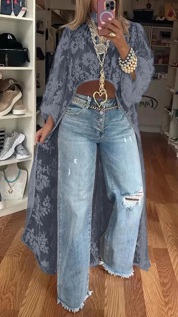 Lace Pattern Mock Neck Balloon Sleeve High Low Maxi Top