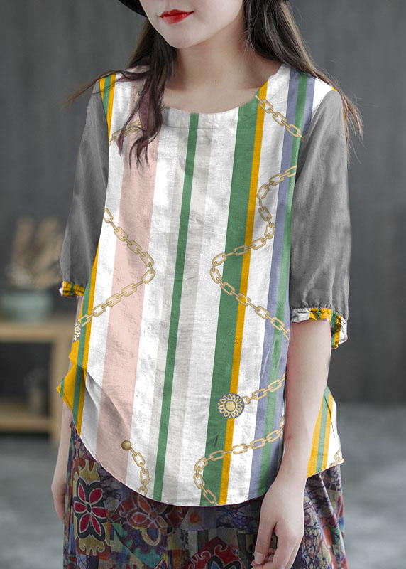 Plus Size Rosa bestickte O-Ausschnitt Halbarm Ramie Blusen Sommer