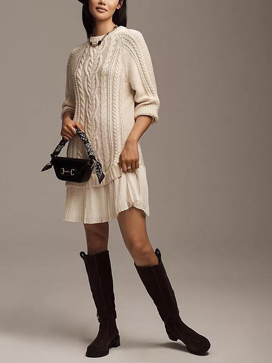 Women Crewneck Cable Knit Sweater Mini Dress
