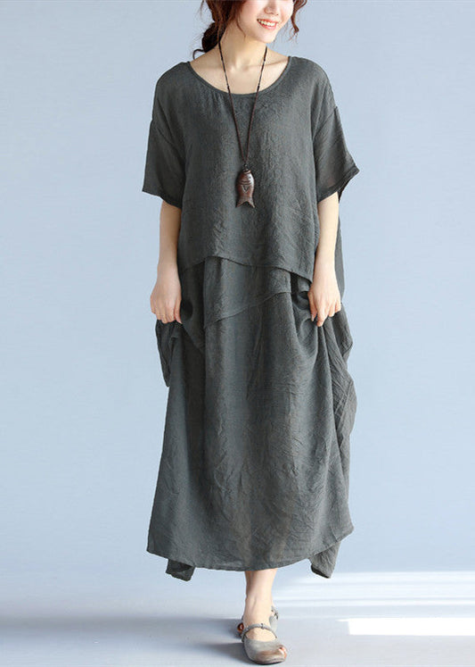 baggy grau lange Leinenkleider übergroßes mehrlagiges Maxikleid aus Baumwolle Vintage Kurzarm-Baumwollkleidung