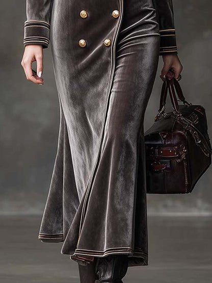 Velvet Double-Breasted Maxi Dress With Gold Trim