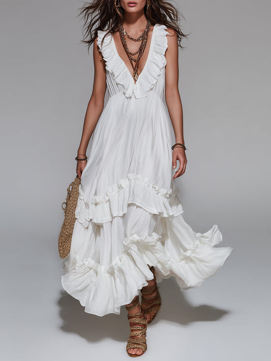 Vintage Sleeveless Maxi Dress With Ruffle Details