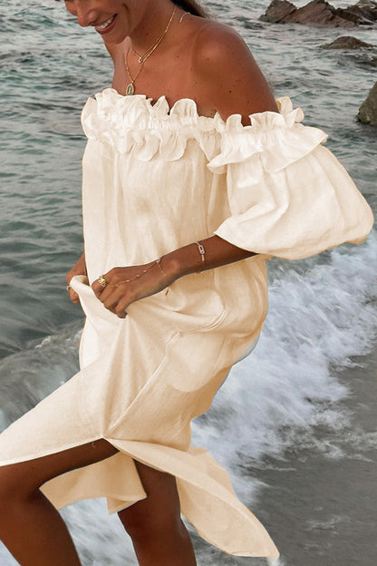 Off-Shoulder Ruffle Puff Sleeve Midi Dress