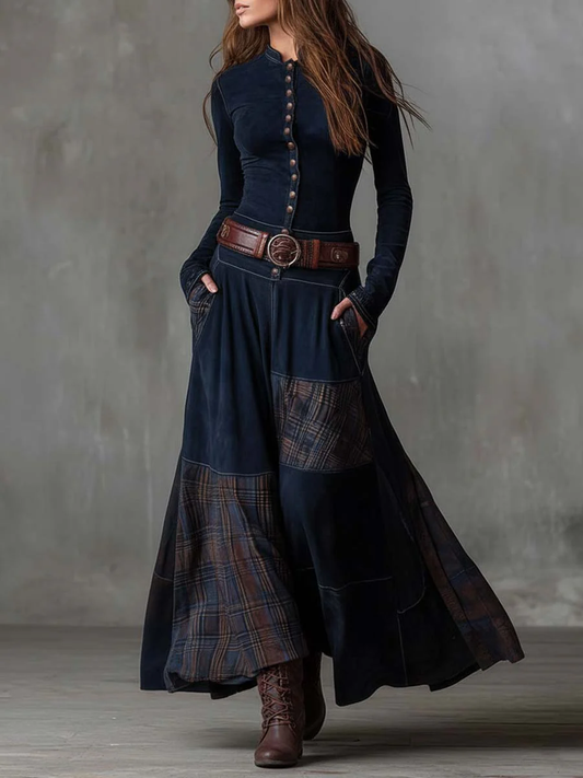 Navy Plaid Paneled Vintage Suede Maxi Dress