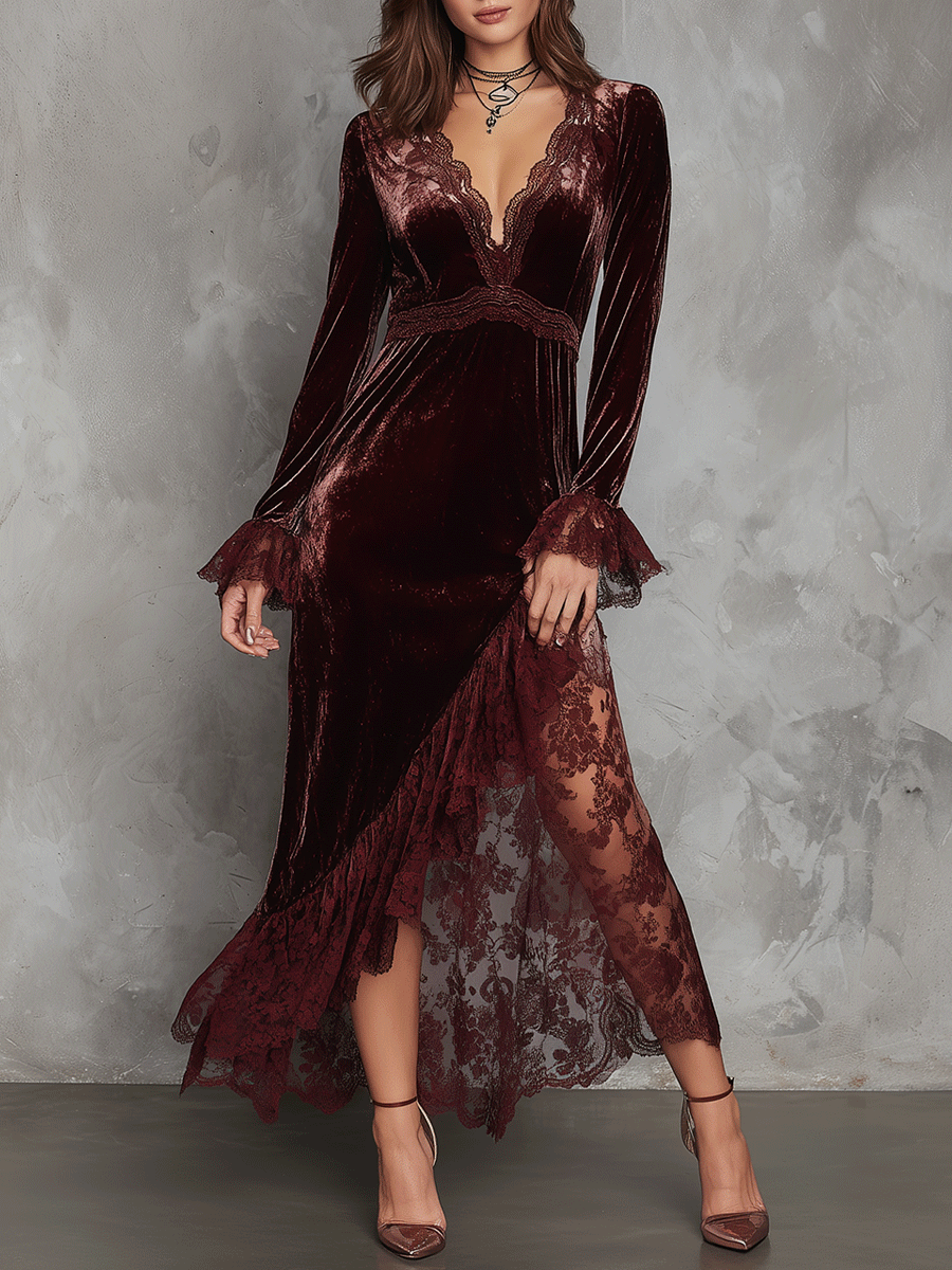 Vintage Wine Red Velvet Lace Panels Slit Maxi Dress