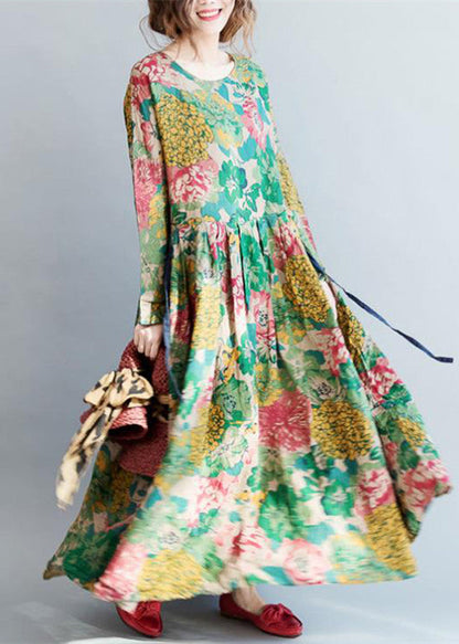 2024 Mode Blumen lange Leinenkleider Plus Size Kleidung Maxikleider