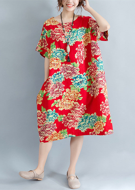 Boutique rotes florales Midi-Leinenkleid Plus Size Leinenkleidung Kleider lässig O-Ausschnitt Kurzarm Leinen Baumwollkleid
