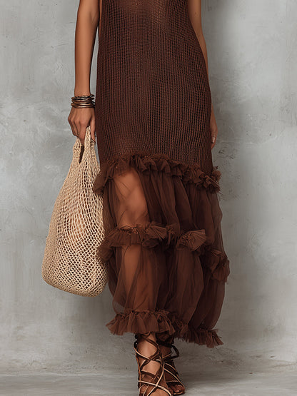 Bohemian Knitted Straight-cut Maxi Dress With Mesh Hem