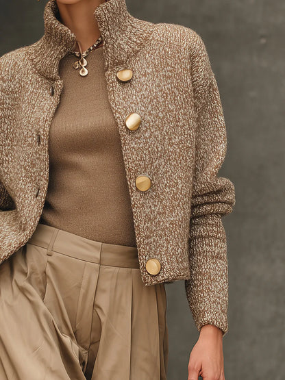 Mixed Color Knit High Collar Buttoned Cardigan