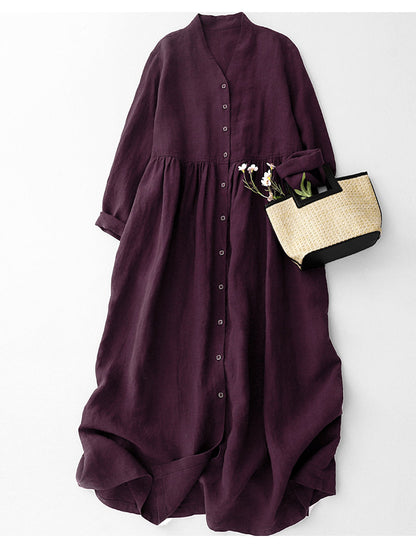 Burgundy Cotton Linen Midi Dress
