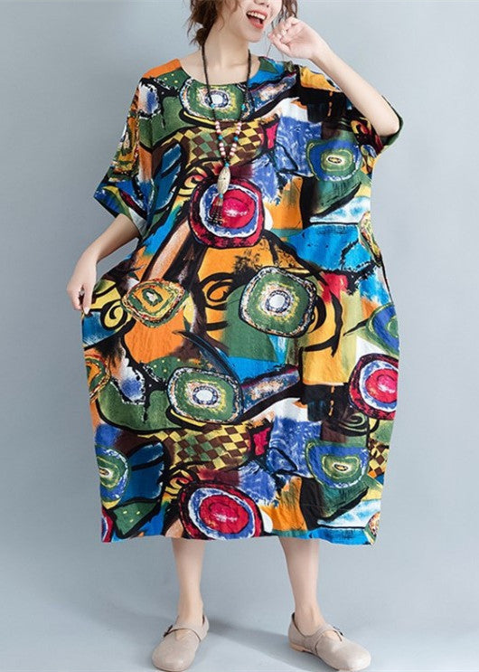 Elegante florale Leinenkaftane übergroße Reise-Halbarm-Maxikleider aus Baumwolle - Begrenzter Lagerbestand + Kostenloser Versand