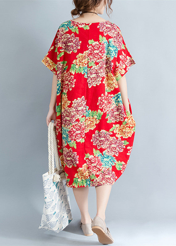 Boutique rotes florales Midi-Leinenkleid Plus Size Leinenkleidung Kleider lässig O-Ausschnitt Kurzarm Leinen Baumwollkleid